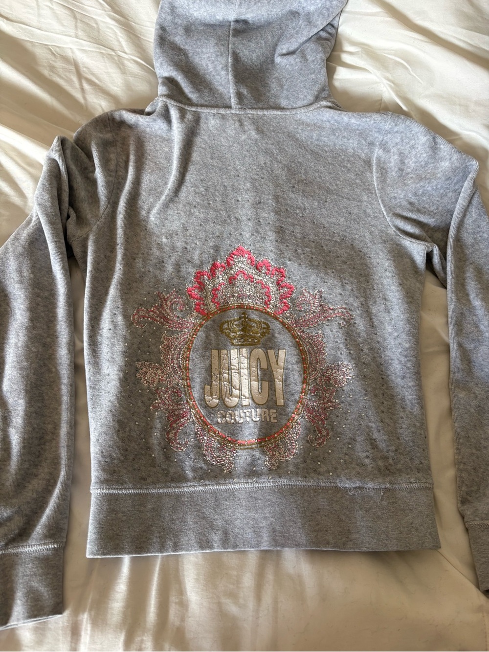 Juicy Couture Gray Hooded Teddy Jacket with Pink & Gold Logo Embellishment